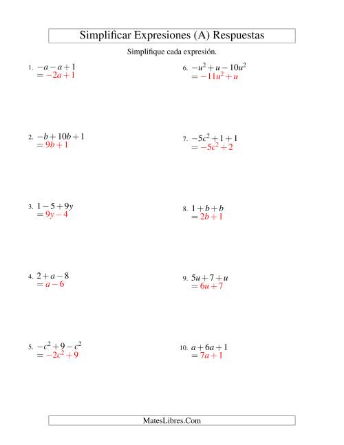 La hoja de ejercicios de Simplificar Expresiones Algebraicas, Suma y Resta, Una Variable, Tres Términos (A) Página 2