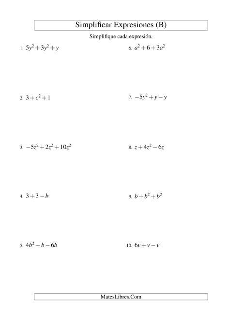 La hoja de ejercicios de Simplificar Expresiones Algebraicas, Suma y Resta, Una Variable, Tres Términos (B)