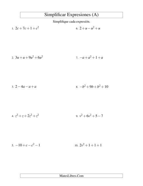 La hoja de ejercicios de Simplificar Expresiones Algebraicas, Suma y Resta, Una Variable, Cuatro Términos (A)