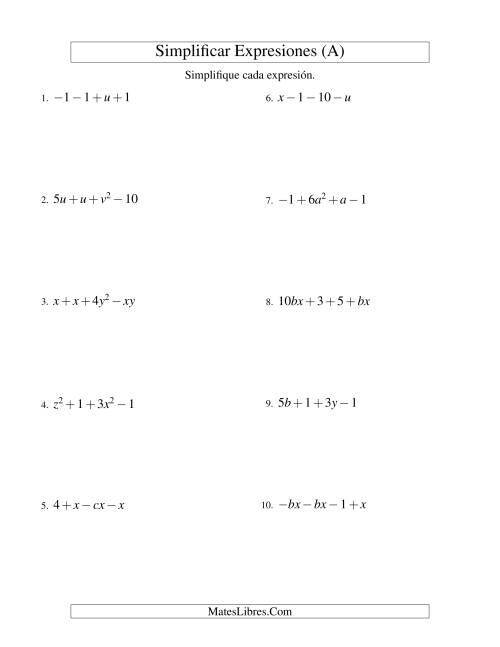 La hoja de ejercicios de Simplificar Expresiones Algebraicas, Suma y Resta, Dos Variables, Cuatro Términos (A)