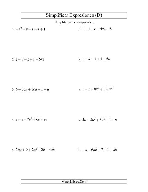 La hoja de ejercicios de Simplificar Expresiones Algebraicas, Suma y Resta, Dos Variables, Cinco Términos (D)
