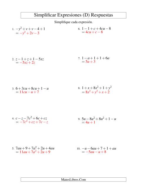 La hoja de ejercicios de Simplificar Expresiones Algebraicas, Suma y Resta, Dos Variables, Cinco Términos (D) Página 2