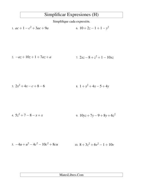 La hoja de ejercicios de Simplificar Expresiones Algebraicas, Suma y Resta, Dos Variables, Cinco Términos (H)