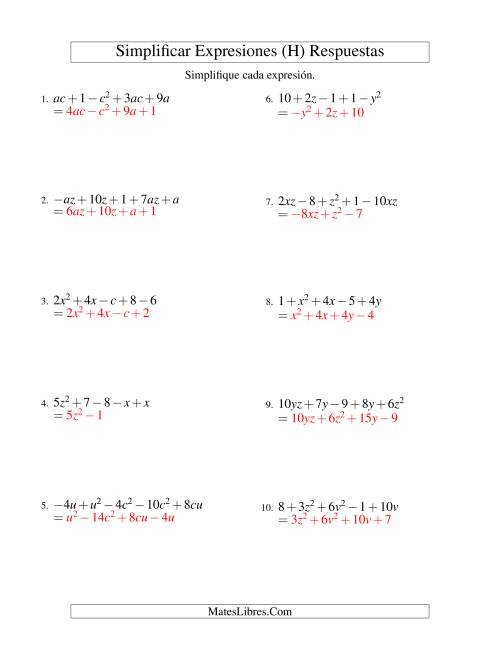 La hoja de ejercicios de Simplificar Expresiones Algebraicas, Suma y Resta, Dos Variables, Cinco Términos (H) Página 2
