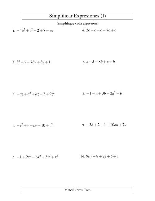 La hoja de ejercicios de Simplificar Expresiones Algebraicas, Suma y Resta, Dos Variables, Cinco Términos (I)