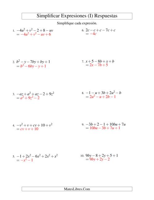 La hoja de ejercicios de Simplificar Expresiones Algebraicas, Suma y Resta, Dos Variables, Cinco Términos (I) Página 2