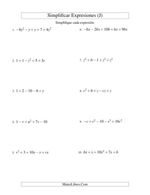 La hoja de ejercicios de Simplificar Expresiones Algebraicas, Suma y Resta, Dos Variables, Cinco Términos (J)
