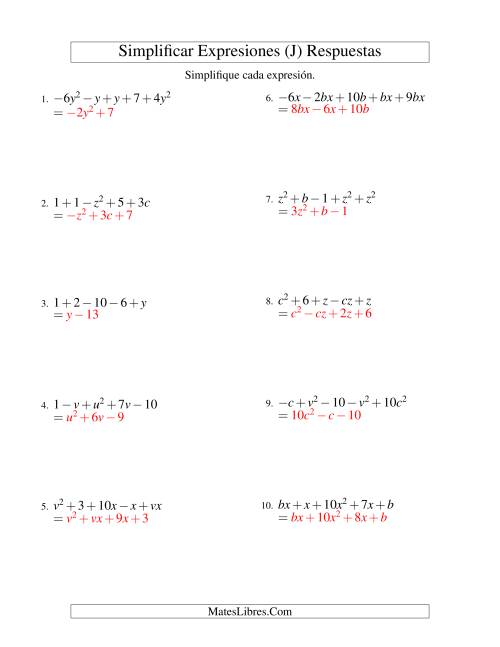 La hoja de ejercicios de Simplificar Expresiones Algebraicas, Suma y Resta, Dos Variables, Cinco Términos (J) Página 2