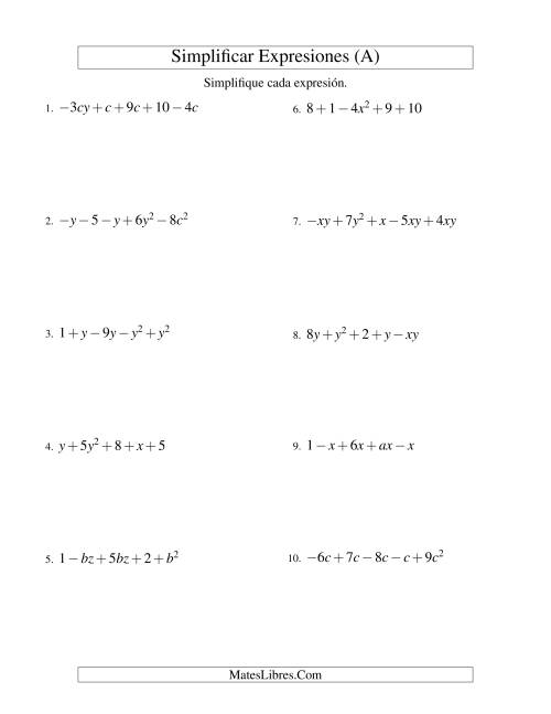 La hoja de ejercicios de Simplificar Expresiones Algebraicas, Suma y Resta, Dos Variables, Cinco Términos (Todas)