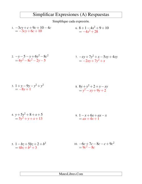 La hoja de ejercicios de Simplificar Expresiones Algebraicas, Suma y Resta, Dos Variables, Cinco Términos (Todas) Página 2