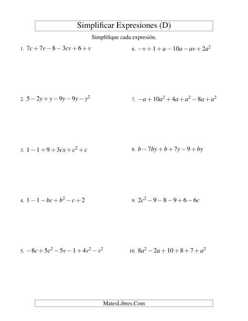 La hoja de ejercicios de Simplificar Expresiones Algebraicas, Suma y Resta, Dos Variables, Seis Términos (D)