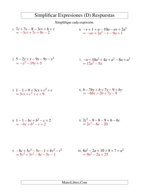 La hoja de ejercicios de Simplificar Expresiones Algebraicas, Suma y Resta, Dos Variables, Seis Términos (D) Página 2