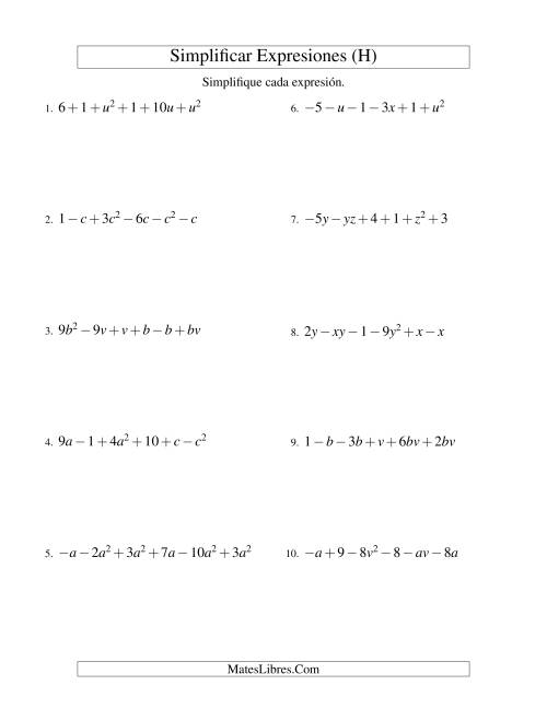 La hoja de ejercicios de Simplificar Expresiones Algebraicas, Suma y Resta, Dos Variables, Seis Términos (H)