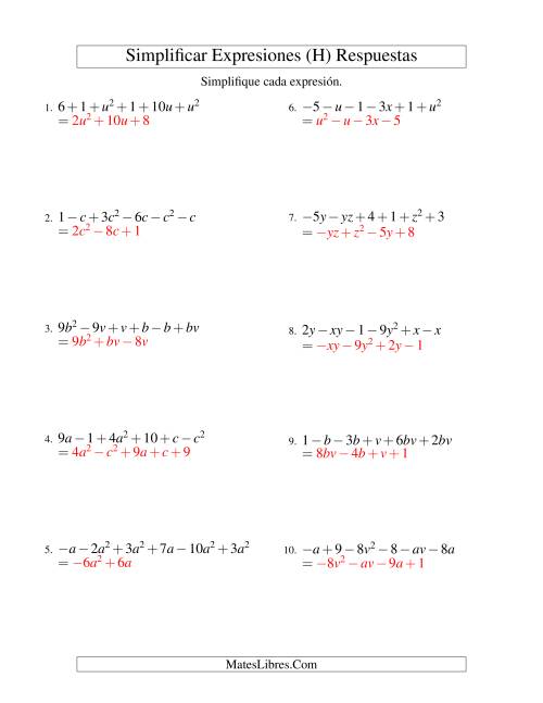 La hoja de ejercicios de Simplificar Expresiones Algebraicas, Suma y Resta, Dos Variables, Seis Términos (H) Página 2
