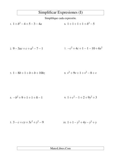 La hoja de ejercicios de Simplificar Expresiones Algebraicas, Suma y Resta, Dos Variables, Seis Términos (I)