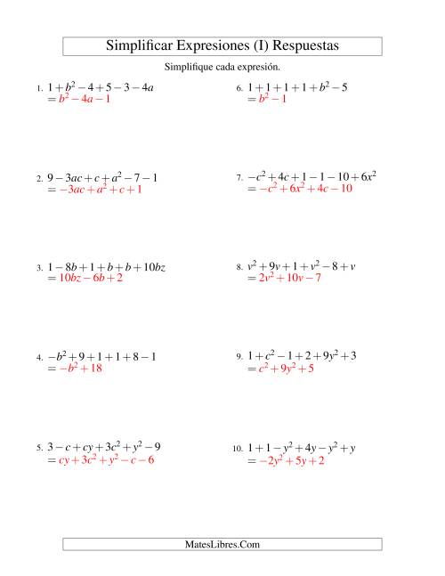 La hoja de ejercicios de Simplificar Expresiones Algebraicas, Suma y Resta, Dos Variables, Seis Términos (I) Página 2