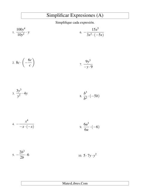 La hoja de ejercicios de Simplificar Expresiones Algebraicas, Multiplicación y División, Una Variable, Tres Términos (A)