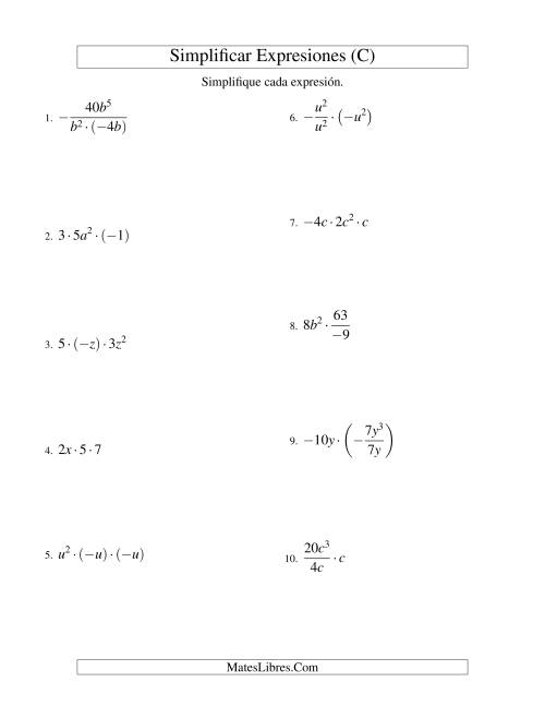 La hoja de ejercicios de Simplificar Expresiones Algebraicas, Multiplicación y División, Una Variable, Tres Términos (C)