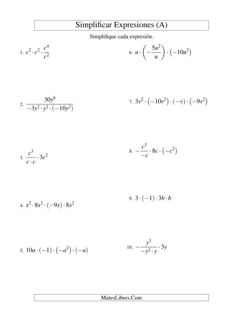 La hoja de ejercicios de Simplificar Expresiones Algebraicas, Multiplicación y División, Una Variable, Cuatro Términos (A)