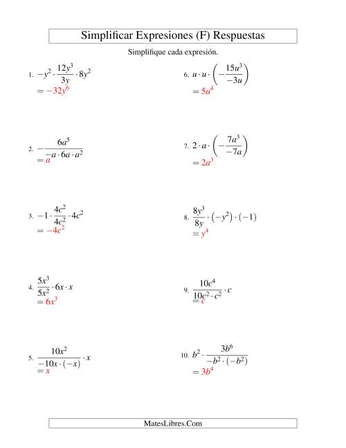 La hoja de ejercicios de Simplificar Expresiones Algebraicas, Multiplicación y División, Una Variable, Cuatro Términos (F) Página 2