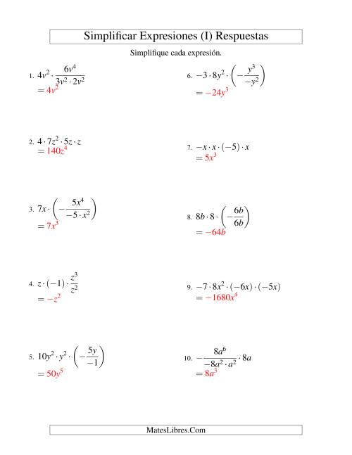 La hoja de ejercicios de Simplificar Expresiones Algebraicas, Multiplicación y División, Una Variable, Cuatro Términos (I) Página 2