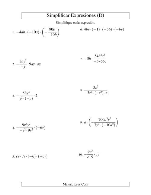 La hoja de ejercicios de Simplificar Expresiones Algebraicas, Multiplicación y División, Dos Variables, Cuatro Términos (D)