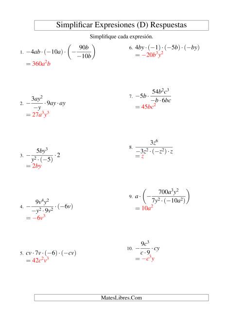 La hoja de ejercicios de Simplificar Expresiones Algebraicas, Multiplicación y División, Dos Variables, Cuatro Términos (D) Página 2