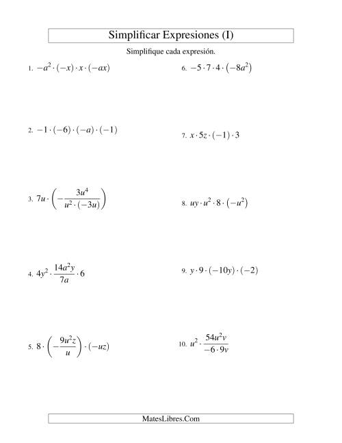 La hoja de ejercicios de Simplificar Expresiones Algebraicas, Multiplicación y División, Dos Variables, Cuatro Términos (I)