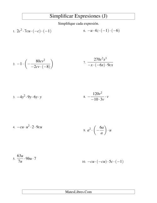La hoja de ejercicios de Simplificar Expresiones Algebraicas, Multiplicación y División, Dos Variables, Cuatro Términos (J)