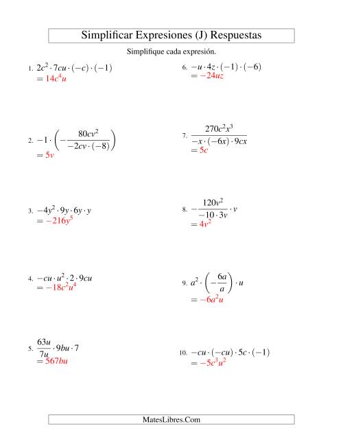 La hoja de ejercicios de Simplificar Expresiones Algebraicas, Multiplicación y División, Dos Variables, Cuatro Términos (J) Página 2