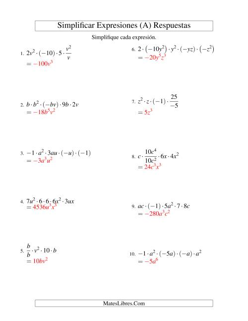 La hoja de ejercicios de Simplificar Expresiones Algebraicas, Multiplicación y División, Dos Variables, Cinco Términos (A) Página 2
