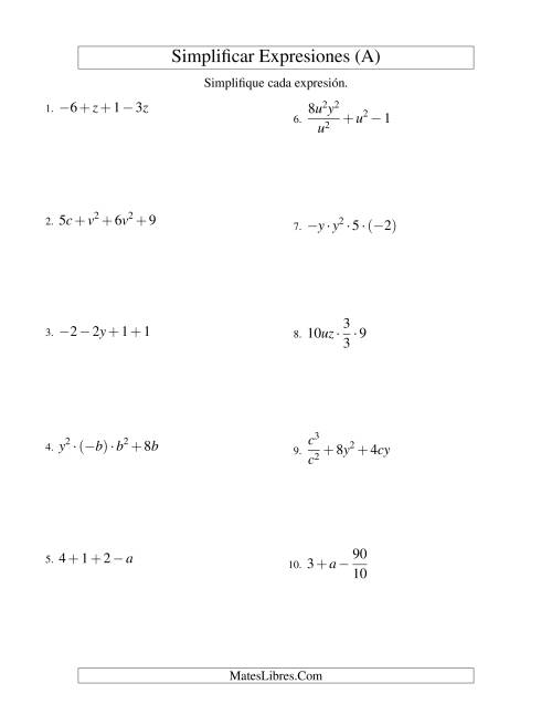 La hoja de ejercicios de Simplificar Expresiones Algebraicas, Todas las Operaciones, Dos Variables, Cuatro Términos (A)