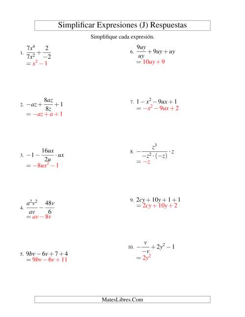 La hoja de ejercicios de Simplificar Expresiones Algebraicas, Todas las Operaciones, Dos Variables, Cuatro Términos (J) Página 2