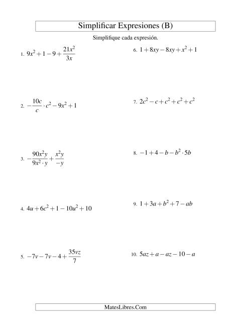 La hoja de ejercicios de Simplificar Expresiones Algebraicas, Todas las Operaciones, Dos Variables, Cinco Términos (B)