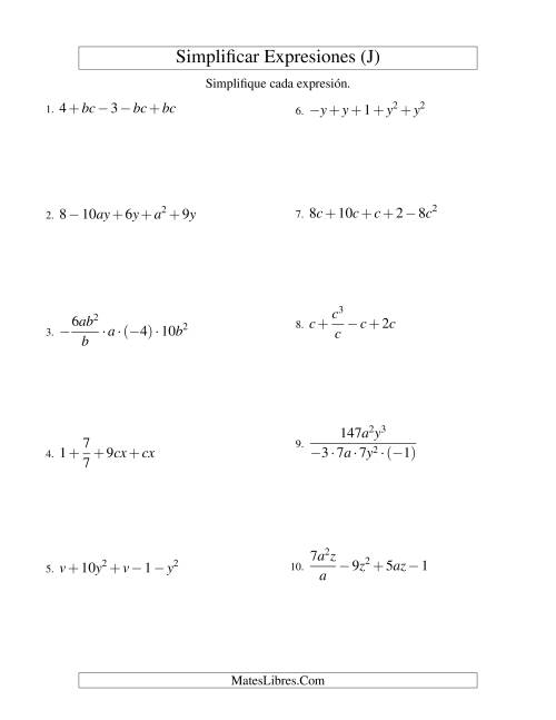 La hoja de ejercicios de Simplificar Expresiones Algebraicas, Todas las Operaciones, Dos Variables, Cinco Términos (J)