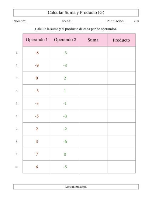 La hoja de ejercicios de Calcular la Suma y el Producto (Rango de los Operandos de 0 a 9 Incluyendo Negativos) (G)
