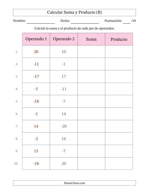 La hoja de ejercicios de Calcular la Suma y el Producto (Rango de los Operandos de 0 a 20 Incluyendo Negativos) (B)