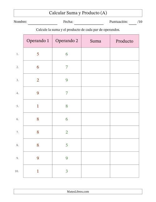 La hoja de ejercicios de Calcular la Suma y el Producto (Rango de los Operandos de 0 a 9) (A)