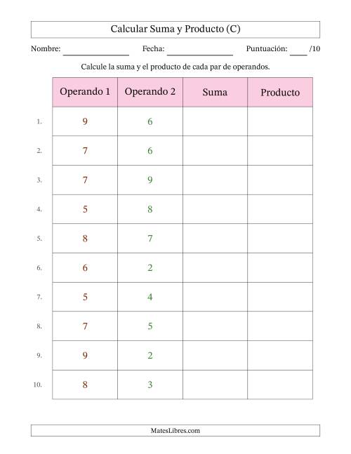 La hoja de ejercicios de Calcular la Suma y el Producto (Rango de los Operandos de 1 a 9) (C)