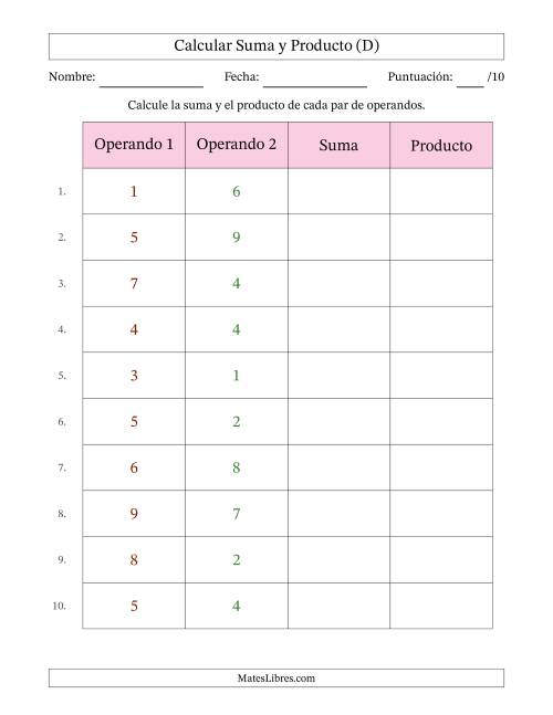 La hoja de ejercicios de Calcular la Suma y el Producto (Rango de los Operandos de 1 a 9) (D)