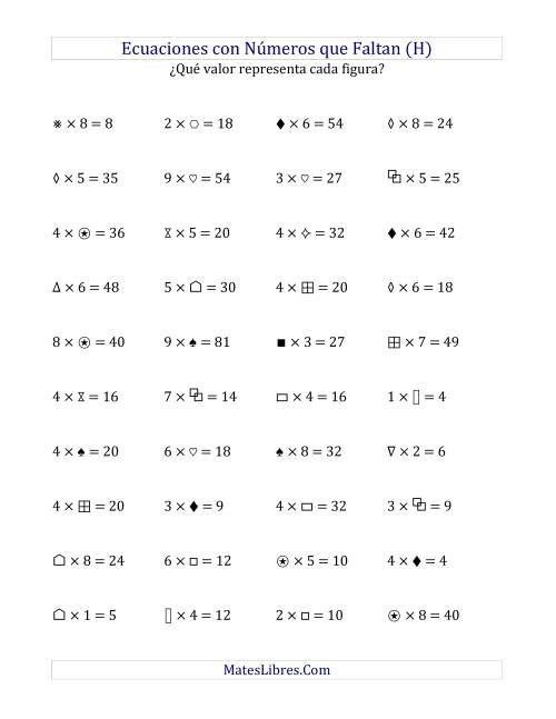 La hoja de ejercicios de Hallar Números que Faltan (Multiplicación) (H)