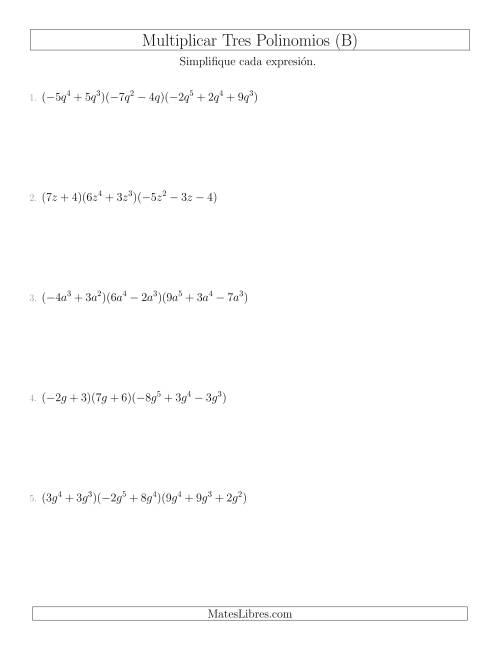 La hoja de ejercicios de Multiplicar Dos Binomios por un Trinomio (B)