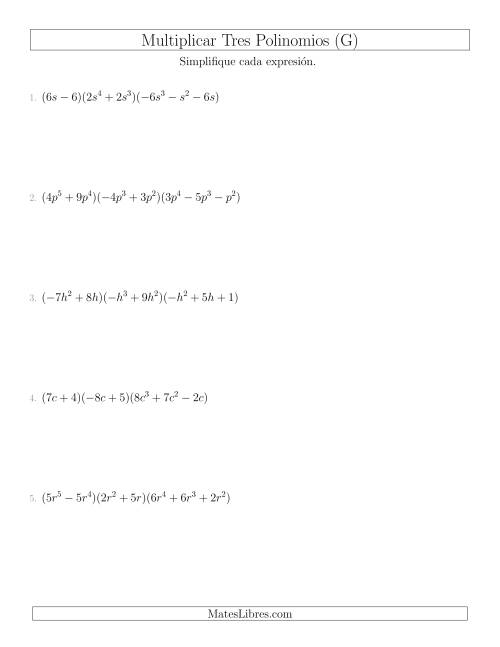 La hoja de ejercicios de Multiplicar Dos Binomios por un Trinomio (G)