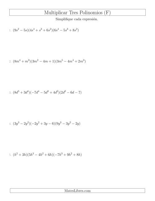 La hoja de ejercicios de Multiplicar un Binomio por Dos Trinomios (F)