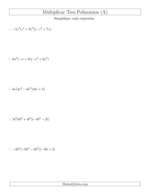 La hoja de ejercicios de Multiplicar un Monomio por Dos Binomios (A)