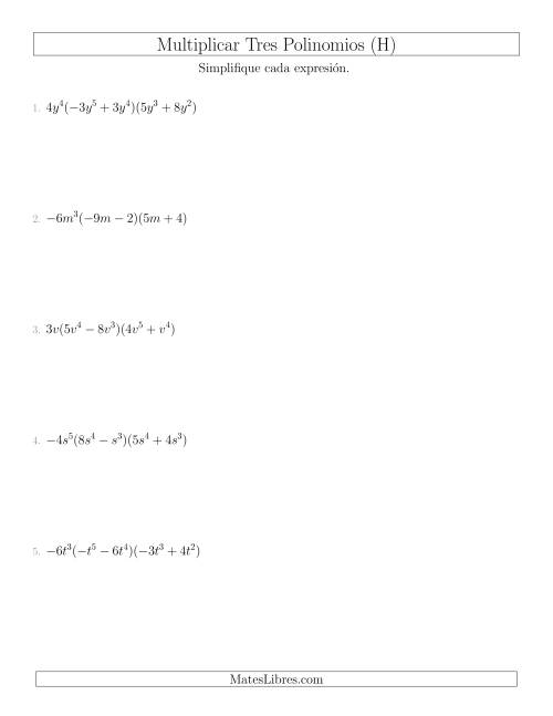 La hoja de ejercicios de Multiplicar un Monomio por Dos Binomios (H)