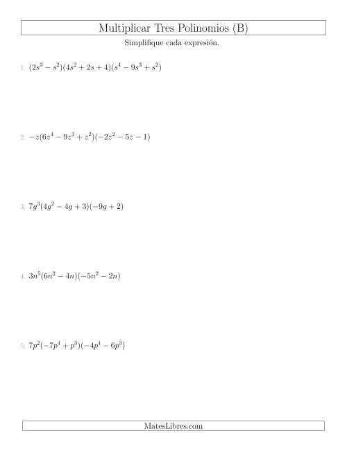La hoja de ejercicios de Multiplicar Tres Polinomios (B)