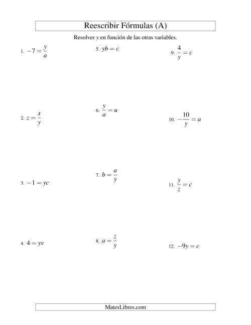 La hoja de ejercicios de Reescribir Fórmulas (multiplicación y división; un paso) (A)