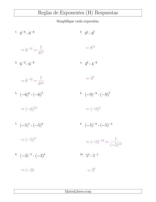La hoja de ejercicios de Multiplicar Exponentes (Con Negativos) (H) Página 2