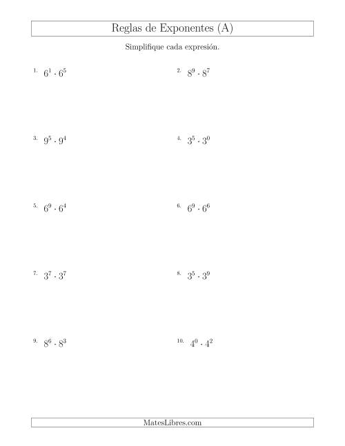 La hoja de ejercicios de Multiplicar Exponentes (Todos Positivos) (A)